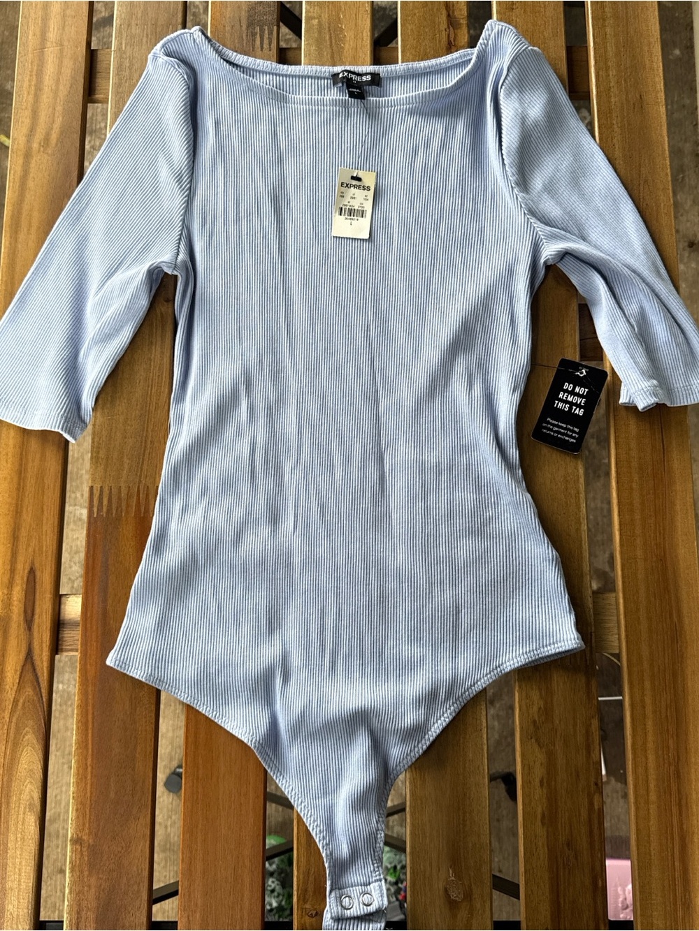 Express Light Blue Ribbed Scoop Neck Bodysuit